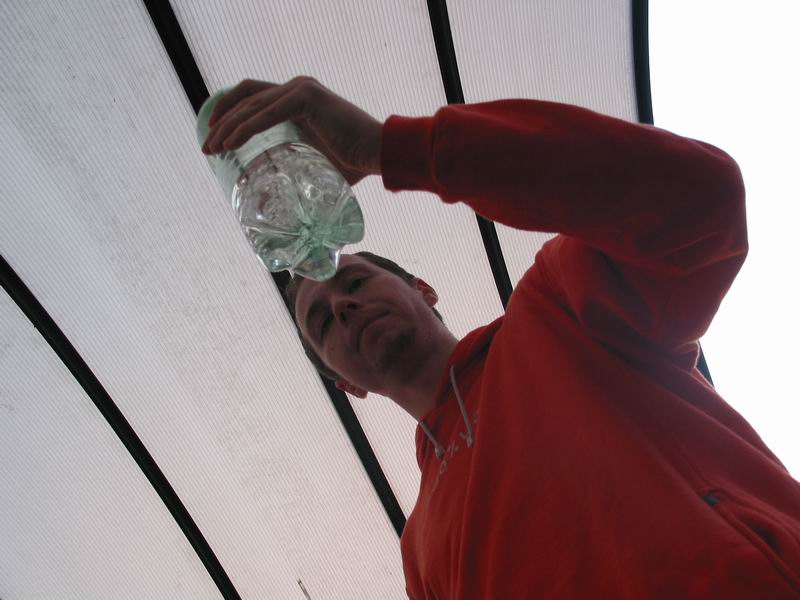 Šipka si prohlíží flašku